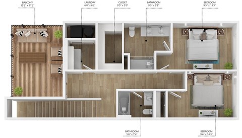 A floor plan of a small apartment with a balcony, laundry, closet, and bathrooms.